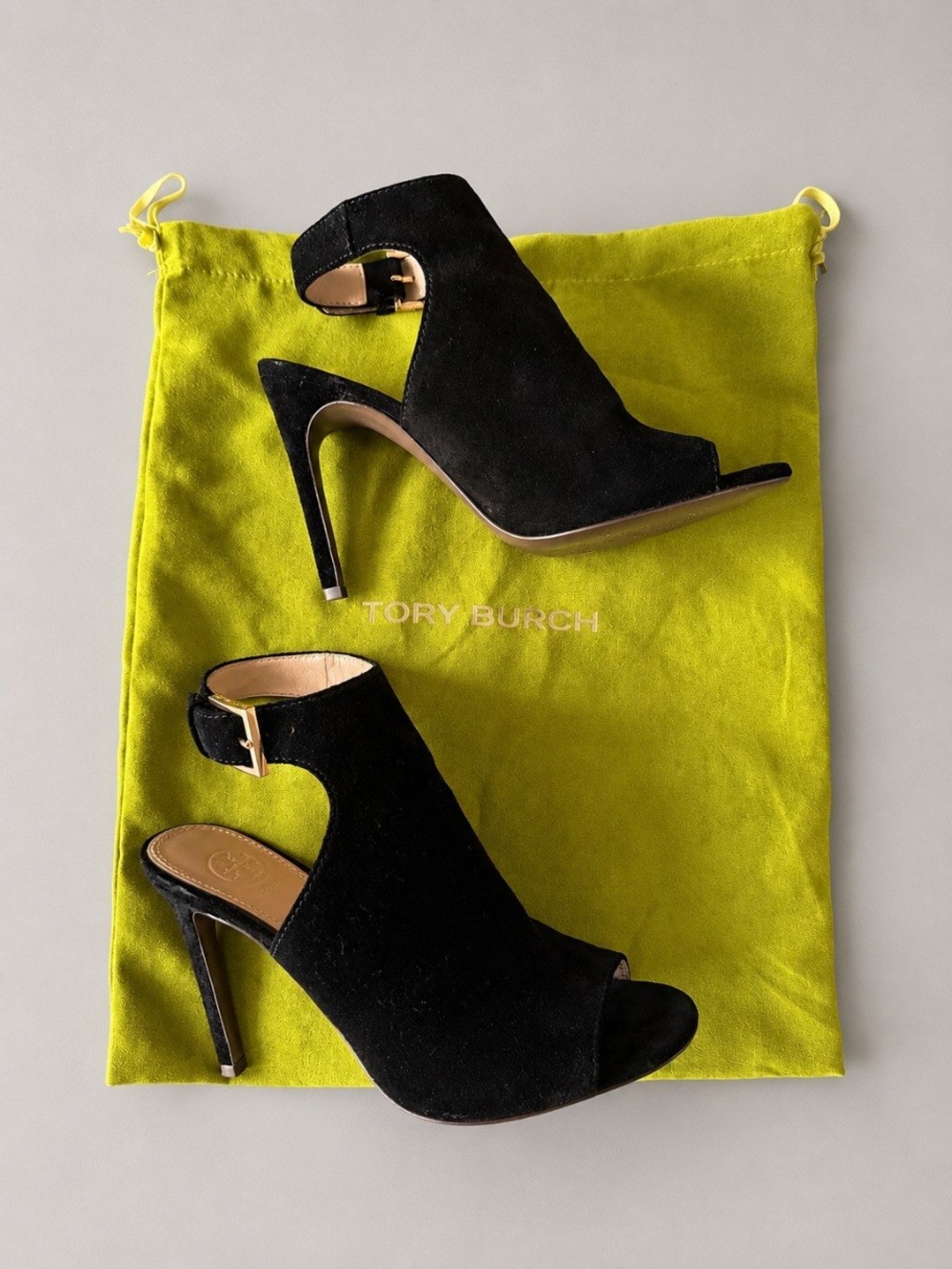 Tory Burch Black Suede Peep-Toe Stiletto Sandals with Gold Buckle - Picture 2 of 14